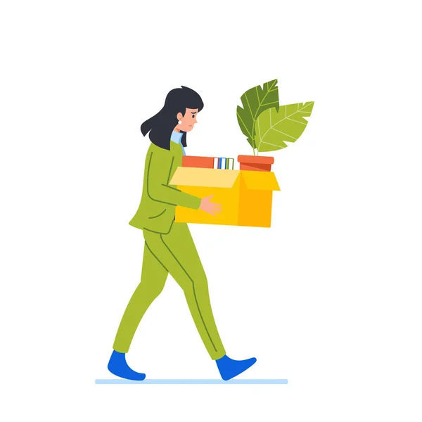 Business Woman Character Carrying Box Vypadá Odhodlaně Pravděpodobně Opouští Práci — Stockový vektor
