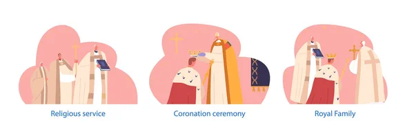 Coronation Ceremony Religious Services Isolated Elements King Stand Knees Crown — Stock Vector