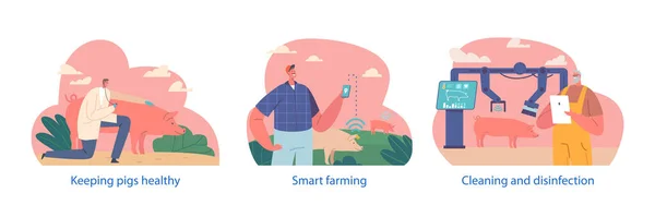 Çiftçi Karakterleri Akıllı Çiftlikteki Domuzlara Eğilimlidir Temizlik Otlatma Tıbbi Bakım — Stok Vektör