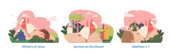 耶稣在山上传道 在加利利海附近的山上教导他的追随者 领主祷告 和其他灵性教导 卡通人物矢量图解 — 图库矢量图片