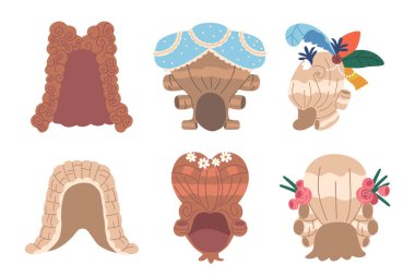 Rococo Peruklar, Süslü, Süslü Saçlar Voluminous Curls, Karmaşık Detaylar ve Çiçekler, Tüyler ve Kurdele gibi süslemeler, 18. yüzyılda Popüler. Çizgi film Vektör İllüstrasyonu