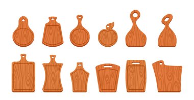 Tahta kesme seti. Yemek ve yemek hazırlamak için temel mutfak aletleri dayanıklı ve sürdürülebilir ahşap malzemelerden, çeşitli boyutlarda ve şekillerde üretilmiştir. Çizgi film Vektör İllüstrasyonu