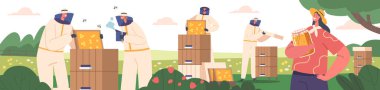 Arıcılar Bal Kavramını Çıkarıyorlar. Apiary 'deki Koruyucu Üniforma Karakterleri Bal Tarağı ve Tüten Kovan' da. Doğal Eko Ürünleri Üreten İnsanlar, Arıcılık Çiftliği. Çizgi film Vektör İllüstrasyonu