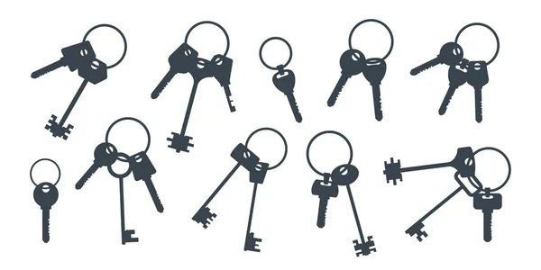 一套黑色钥匙的轮廓 一套设计用于操作袜子 由各种尺寸和形状组成的金属工具 包括房子钥匙 汽车钥匙和挂锁钥匙 卡通矢量图解 — 图库矢量图片