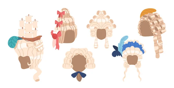 Rococo Wigs Set Ornate Powdered Male Female Perukes Voluminous Curls — Stock Vector