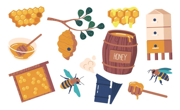 Apiary Items Set Rökare Hive Barrel Queen Bee Honey Dipper — Stock vektor