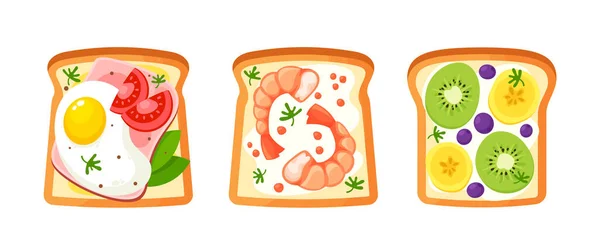 Σάντουιτς Διαφορετικά Γεμίσματα Αυγά Γαρίδες Φρούτα Και Ντομάτες Φτιαγμένα Φρέσκα — Διανυσματικό Αρχείο