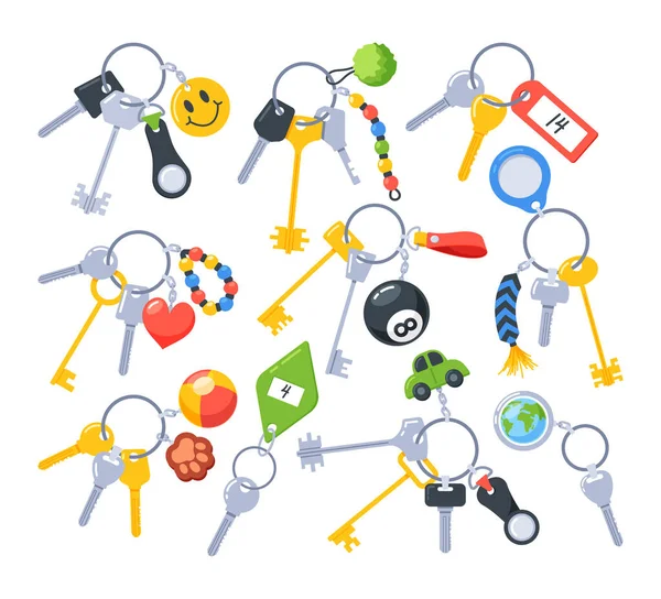 Keychain Isolated Icons Set Inkludert House Car Keys Decorative Trinkets – stockvektor