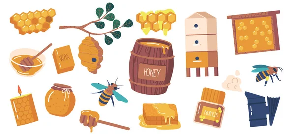 Bienenstock Set Vorhanden Räuchermännchen Bienenstock Honigwagen Königin Bienen Und Bienenwachskerze — Stockvektor