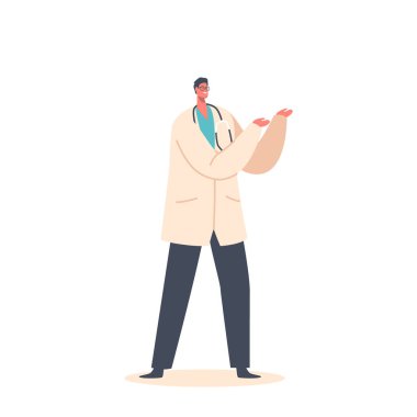 Gülümseyen Doktor Erkek Karakteri, steteskop takan, profesyonel ve ilgili, bilgi ve uzmanlık yoluyla hastaların sağlığını ve iyiliğini geliştirmeye adanmış. Çizgi film İnsanları Vektör İllüstrasyonu