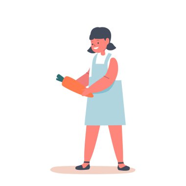 Gülümseyen Çocuk, bahçeden taze toplanmış havucu gururla tutuyor. Küçük bir kız karakteri, beyazda izole edilmiş sağlıklı yiyecekler yiyip büyümenin sevincini gösteriyor. Çizgi film İnsanları Vektör İllüstrasyonu