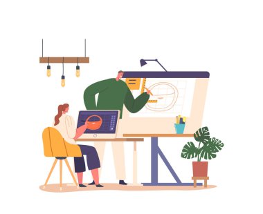 Tasarımcı Kadın Karakteri, Hassas ve Kolay Eşsiz Tasarımlar Dijital Tasarım Projesi yaratmak için Tablet kullanır. Kadın çizim modeli. Çizgi film İnsanları Vektör İllüstrasyonu