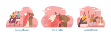 Judas 'ın tecrit edilmiş unsurları, İsa' nın İhanet Sahnesi. Judas Iscariot, İsa 'yı Romalı askerlere otuz parça karşılığında öpücükle teşhis etti. Çizgi film İnsanları Vektör İllüstrasyonu