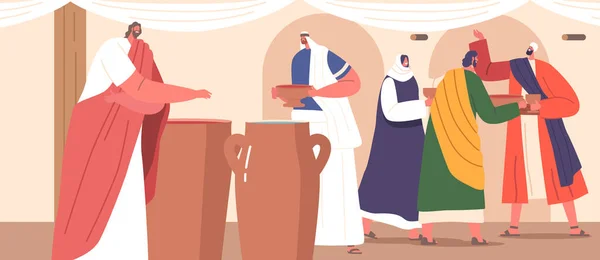 Jesus Vollbringt Wunder Bei Der Hochzeit Indem Wasser Wein Verwandelt — Stockvektor