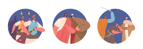 Icônes Rondes Isolées Scène Trahison Jésus Judas Iscariot Identifie Jésus — Image vectorielle