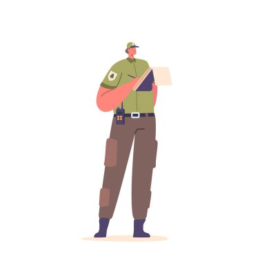 Forester Ranger Karakteri Notepad, Fine Yayını, Bitki Gelişimi, Vahşi Yaşam Varlığı ve Çevresel Etkenler, Sürdürülebilir Yönetim Planları Üzerine Yazıyor. Çizgi film Vektör İllüstrasyonu