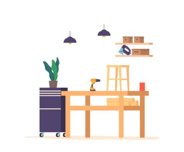 Marangoz atölyesinde mobilya montajlı ahşap masa. Raftaki Matkap, Çivi, Öğütücü Aletleri Diy Mobilya Projeleri veya Profesyonel Marangozluk Çalışmaları İçin Mükemmel. Çizgi film Vektör İllüstrasyonu