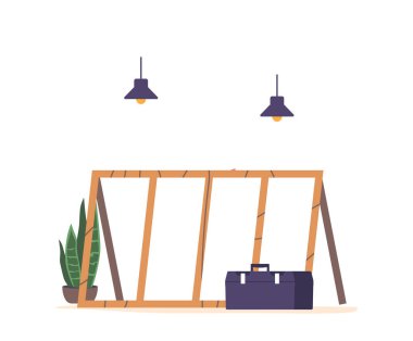 Mobilya montajı, alet çantası, araç gereç, onarım ve ahşap elementler için kullanılan konteynır, mobilya parçalarını birleştirmek ve güçlendirmek için kullanılır. Çizgi film Vektör İllüstrasyonu