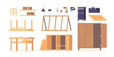 Mobilya montaj aletleri ayarlandı. Tornavidalar, anahtarlar, çekiçler ve pense, ayrıca mobilya parçalarının montajını kolaylaştırmak için çeşitli bağlantılar, vidalar ve vidalar. Çizgi film Vektör İllüstrasyonu