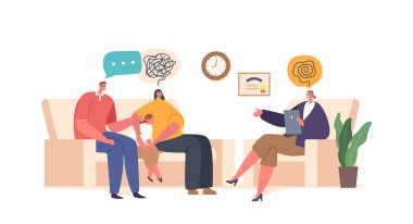 Ebeveynler ve çocuk karakterleri duygular ve davranışları bir psikologla tartışır. Aile dinamiklerini geliştirmek için iletişim ve başa çıkma becerileri üzerinde çalışıyorlar. Çizgi film İnsanları Vektör İllüstrasyonu
