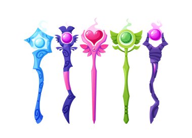 Sihirli değnek takımı. Büyüler ve büyüler için mistik enerji ile doldurulmuş değerli taşlar ve sembollerle süslenmiş güçlü ahşap asalar koleksiyonu. Çizgi film Vektör İllüstrasyonu