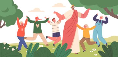 Güneşli sahada İsa 'nın Karakteri ve Neşeli Çocuklar, Mesih' in yakınlarındaki güneşin sıcaklığında dans eden ve birlikte oynayan çocukların neşeli kahkahaları havayı dolduruyor. Çizgi film İnsanları Vektör İllüstrasyonu