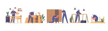 Tahta Mobilya Toplama Süreci. İşçi karakterleri kesiyor, kazıyor, zımparalıyor ve ahşabı birleştiriyor. Yapıştırıcı ve Dowels parçalarını kullanarak biteni yaratıyor. Çizgi film İnsanları Vektör İllüstrasyonu