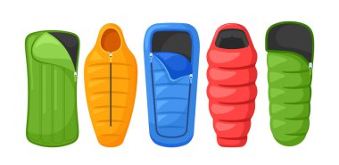 Collection Of Sleeping Bags For Outdoor Enthusiasts. Includes Various Sizes And Styles Suitable For Different Weather Conditions And Activities, Lightweight, And Durable. Cartoon Vector Illustration clipart