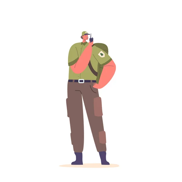 Caractère Forestier Ranger Utilisant Talkie Walkie Pour Communiquer Dans Forêt — Image vectorielle