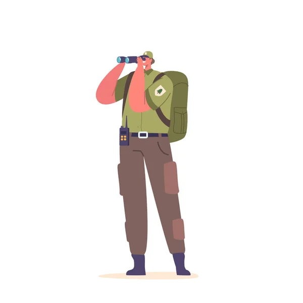森のレンジャーキャラクター保持双眼鏡 森のスキャン 野生動物や潜在的な危険を監視しています 1日屋外用装備 バックパックと制服付き 漫画ベクターイラスト — ストックベクタ