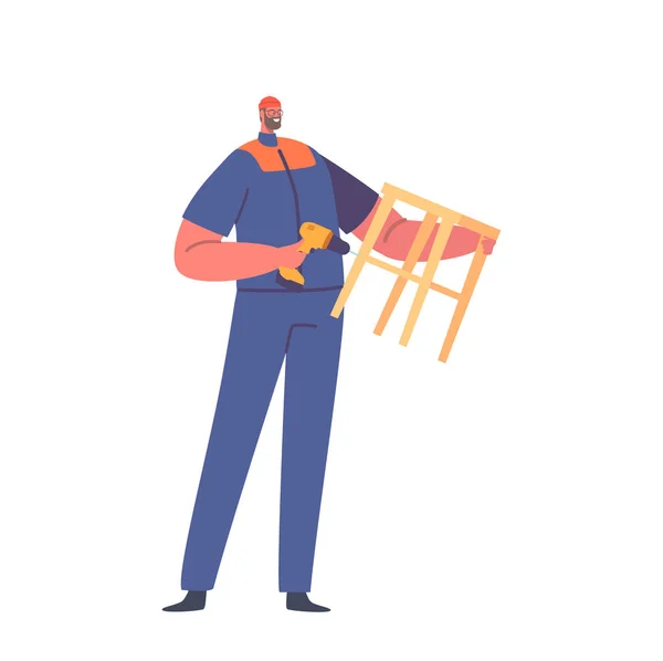 Εργάτης Αρσενικός Χαρακτήρας Φορά Στολή Χρησιμοποιώντας Τρυπάνι Συναρμολόγηση Ξύλινη Καρέκλα — Διανυσματικό Αρχείο