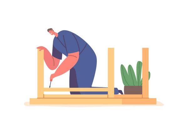 Pracovník Muž Charakter Montáž Dřevěný Stůl Pomocí Šroubováku Nářadí Postupuje — Stockový vektor