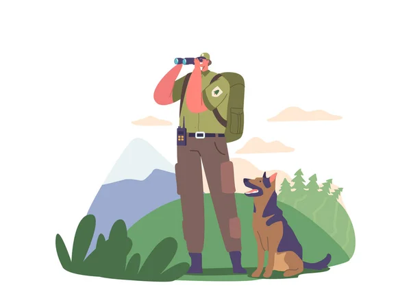 游侠森林管理员的角色通过双筒望远镜观察森林中是否有野生动物的迹象 并与他可信赖的牧羊犬一起评估生态系统的健康状况 病媒图解 — 图库矢量图片