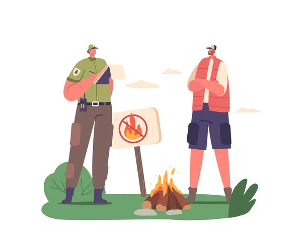 Ranger Forester Character Issues Fine Man Intruder Burning Campfire Forest — Stock Vector