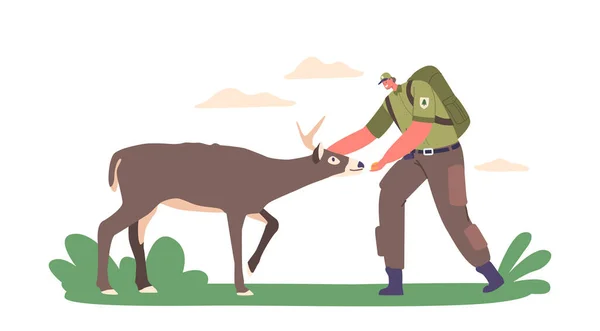 Ranger Forester Character Feeding Deer Giving Sustenance Wild Animals Natural — Stock Vector
