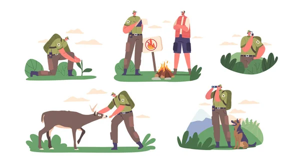 Profesyonel Ranger Forester Karakterlerini Orman Kaynaklarını Yönet Koru Orman Sağlığını — Stok Vektör