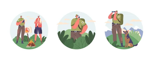 Ізольовані Круглі Ікони Характером Лісового Рейнджера Собачою Службою Національного Парку — стоковий вектор