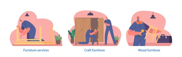 作業者は 以下の手順で木製の家具を組み立て ダウルまたは接着剤でピースを接合し ラフエッジを研磨し 保護コートで仕上げます 漫画人ベクトルイラスト — ストックベクタ