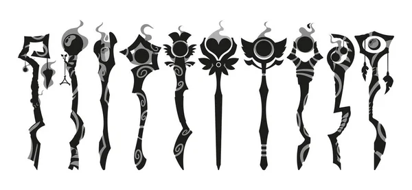 Magical Staff Black Silhouettes Various Types Staffs Adorned Mystical Gems — Stock Vector