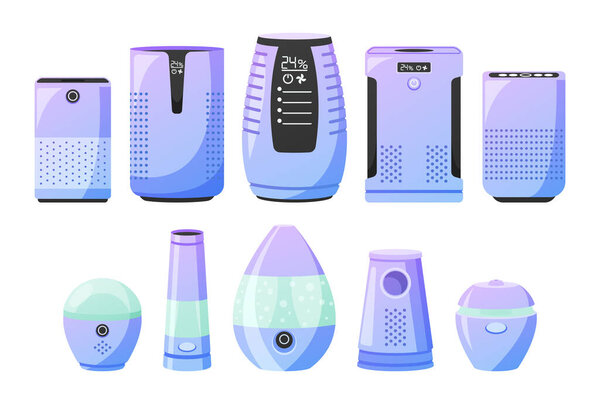 Set Of Moisturizers And Drainers Of Air Are Used To Balance Humidity Levels Indoors. They Work To Regulate Moisture And Prevent Dryness Or Excess Moisture In The Air. Cartoon Vector Illustration