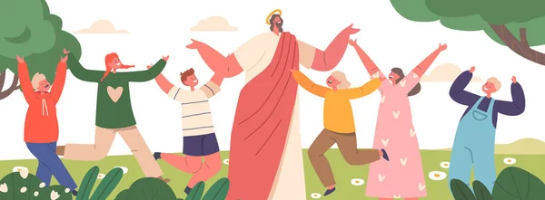 Jésus Personnage Biblique Entouré Enfants Souriant Réjouir Avec Eux Sur — Image vectorielle