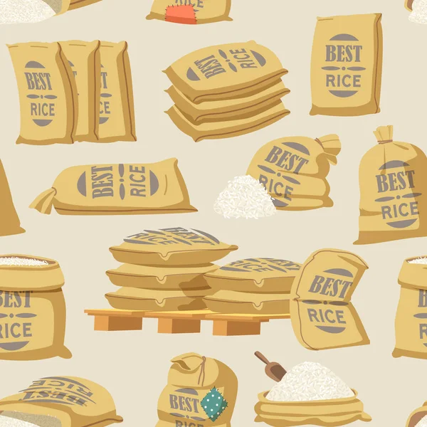 米袋のシームレスなパターンは 米の貯蔵と輸送に一般的に使用される天然のジュート袋の繰り返し設計を特徴としています 大杭とテキスタイルバッグタイル 漫画ベクターイラスト — ストックベクタ