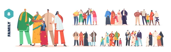 幸せな家族のキャラクターを設定します ムスリムヨーロッパ人 アジア人 アラブ人 アフリカ人 ユダヤ人愛と支援の強い絆を持つ親友 喜びの両親 祖父母 子供たち 漫画人ベクトルイラスト — ストックベクタ