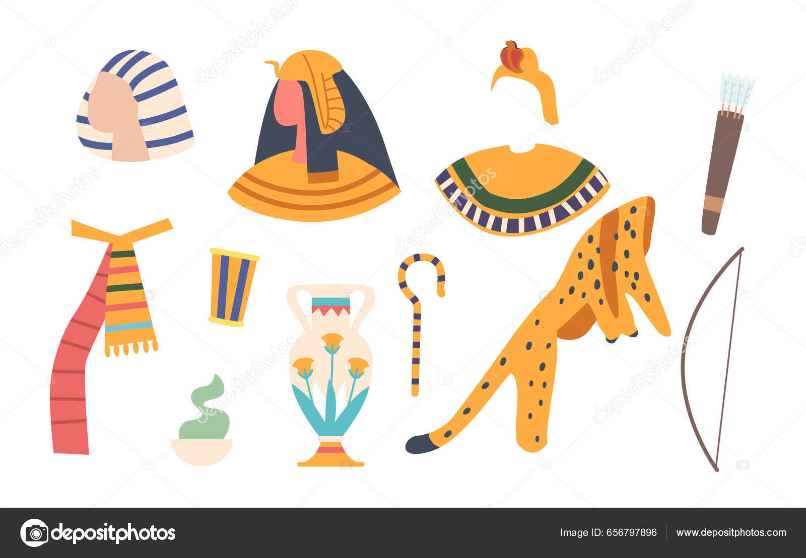 Sæt Gamle Egyptiske Elementer Farao Paryk Stav Golden Smykker Kvindelige  Stock-vektor af ©vectorlab 656797896