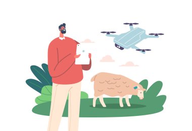Çiftçi Erkek Karakteri Koyun ve Hayvanları İzlemek için Drone 'u işe alıyor, otlatma desenlerini, sürü davranışını, sağlık ve refahı gözlemlemek için hava teknolojisini kullanıyor. Çizgi film İnsanları Vektör İllüstrasyonu
