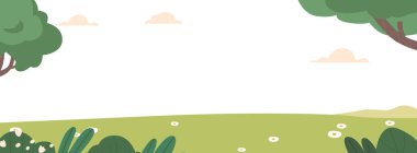 Orman çayırları yemyeşil ve kır çiçekleri ve hafif meltemde sallanan otlarla dolu uzun ağaçlar gölge ve barınak sağlar. Yaz Saha Arkaplanı. Çizgi film Vektör İllüstrasyonu