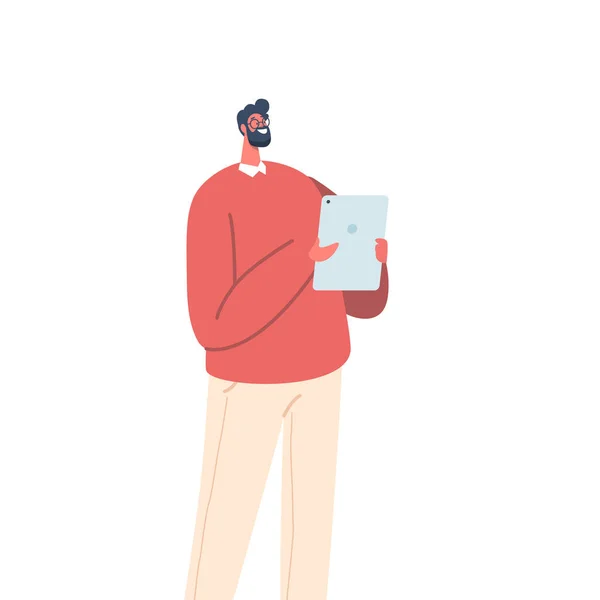 Yakışıklı Yetişkin Adam Ofis Şçisi Karakteri Resmi Takım Elbiseli Tablet — Stok Vektör