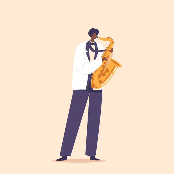 Talented Black Musician Character Passionately Playing Soulful Jazz Music Saxophone — Stock Vector