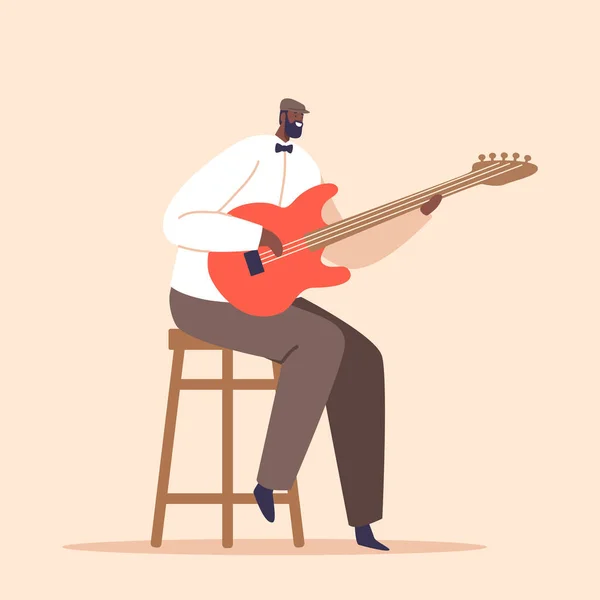 Personagem Músico Negro Talentoso Executando Música Jazz Uma Guitarra Cativando — Vetor de Stock