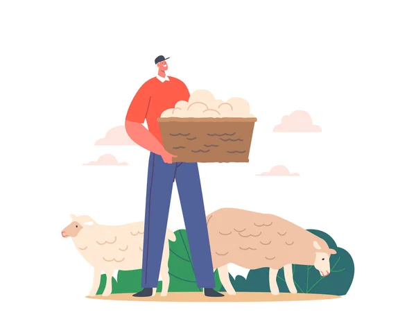 Agricultor Sheepshearer Personagem Masculino Segurando Cesta Com Ovelha Gado Tosquiada — Vetor de Stock